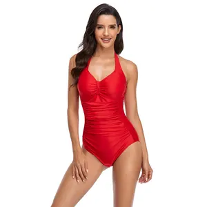 2021 europea y americana Comercio exterior nuevo estilo bikini señoras color sólido plisado Halter correa de una sola pieza traje de baño AliExpress
