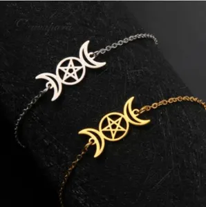 Triple Moon Goddess Witch Bracelet Pentagram Charm Stainless Steel Women Friendship Bracelet Amulet Vintage Jewelry