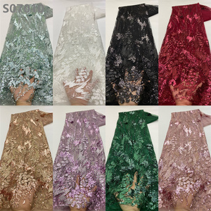 Lo último en encaje bordado de lentejuelas naranjas quemadas, venta al por mayor, tela de encaje de lentejuelas de tul francés para vestido - Product Image 6