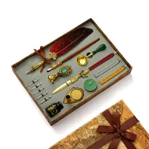 Pluma estilográfica Retro, pluma de inmersión de madera con tinta de sellado, sello de cera, conjunto de regalo de recuerdo