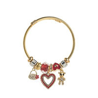 Bracelet en acier inoxydable plaqué or de haute qualité avec breloque cœur en zircon cubique, perles à grand trou et pendentif ours, bracelet jonc DIY pour femme