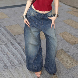 Jeans de Pierna Recta Transpirables con Pedrería Brillante, Pantalones Vaqueros Casuales de Corte Holgado con Diseño Sencillo y Estampado Liso - Product Image 4