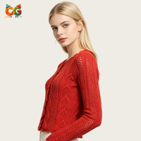 CG Factory OEM ODM Maßgeschneiderter Vintage Hohlstrick-Cardigan mit Muschelkantenbesatz, kurz geschnitten, langärmlig, geknöpfter Strickpullover für Damen