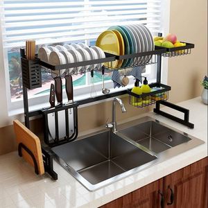 Supports de rangement en acier inoxydable sur mesure pour 2 égouttoirs, accessoires de cuisine, séchoir de rangement au-dessus de l'évier - Product Image 1