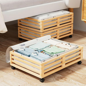 Conteneurs de rangement sous le lit en bambou avec roulettes et grand sac anti-poussière, organisateur robuste en bois à roulettes pour sous le lit - Product Image 1