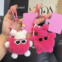 Mignon porte-clés et pendentif en peluche de fourrure de lapin Rex en forme de boule de charbon pour sacs d'école et clés de voiture