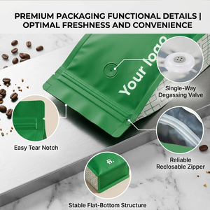 Sachet de café à fond plat imprimé avec logo personnalisé, valve unidirectionnelle et fermeture éclair à languette, emballage de café mat haute barrière - Product Image 4