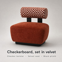 Fauteuil d'appoint rembourré couleur rouille avec dossier cylindrique à carreaux et structure noire, fauteuil bas pour salon