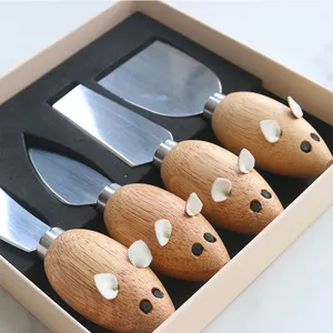 5 Pieces Mouse Shaped Wood Handles Cheese Knives And Forks Cute Mice Cheese Tool Set