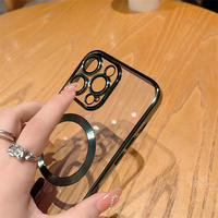 Casing Transparan Berlapis Emas Mewah dengan Pengisi Daya Nirkabel Magnetik untuk iPhone 16 15 14 13 12, Pelindung Kamera