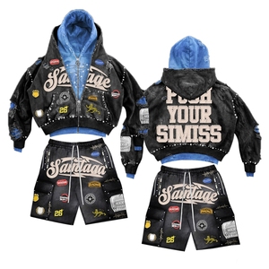 Conjunto de Sudadera con Capucha Corta y Pantalones de Chándal de Algodón Desgastado con Cremallera, Bordado de Pedrería Personalizado y Estampado Holgado para Hombre, Estilo Streetwear OEM - Product Image 1