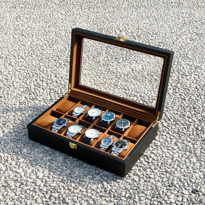 Logo personalizzato di lusso vernice Spray nera in legno 12 slot scatola di immagazzinaggio per orologi confezione con serratura in metallo