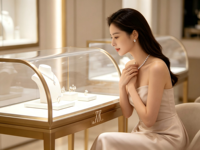 Comptoir de présentation de bijoux en verre incurvé de luxe, pieds en métal doré brossé, logo personnalisé, éclairage LED, vitrine de vente au détail pour centre commercial