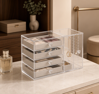 Organisateur de bijoux en acrylique transparent avec 4 tiroirs et compartiment perforé pour la vanité, la boutique et le rangement de la salle de maquillage