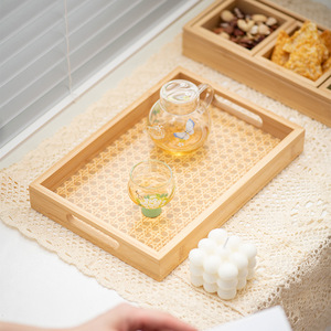 Bamboo Patterned Rectangular <b>Tray</b> Set For <b>Tea</b> Coffee Serving Portable Home Catering Use - Product Image 3