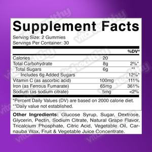 Integratore di Ferro in Caramelle Gommose Vitahealthy, Vitamine Vegane, Integratore Alimentare Multivitaminico con Ferro - Product Image 6