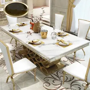 Meubles de salle à manger haut de gamme, ensemble de table à manger de luxe en acier inoxydable, 6 chaises, style italien, design moderne en marbre