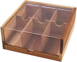 Caja de Almacenamiento de Bolsitas de Café y Té de Madera Maciza Rectangular con 6 Compartimentos, Diseño Clásico, Tapa de Aluminio, Acrílico Transparente, Apta para Alimentos - Product Image 1