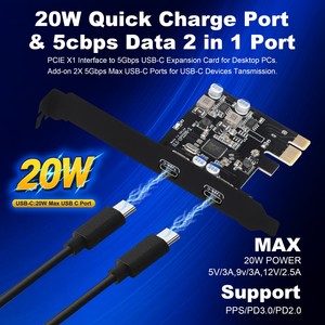 Carte d'extension PCIe vers USB-C avec <span class=keywords><strong>2</strong></span> ports USB 3.1 Gen 1 Type C pour <span class=keywords><strong>PC</strong></span> de bureau - Product Image 1