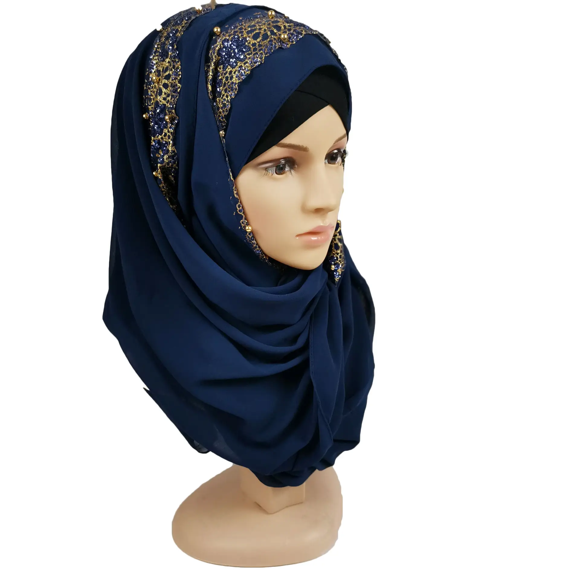 Pañuelo largo de gasa con cuentas de encaje para mujer, Hijab musulmán