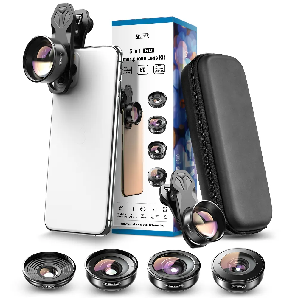 APEXEL 5 in 1 Fish Eye Macro Wide Angle Mobile Phone Telephoto Lenses For iPhone XS For Smartphone Camera Lens