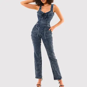 Personalizado Casual Jean impreso Bodycon onesie sin mangas espalda moda señora ropa de mujer ropa de verano Correa jeans monos