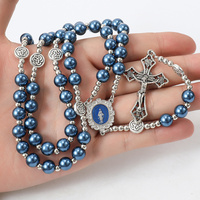 Rosaire Artisanal Bleu de la Vierge Marie, Perles de Verre Nacres 10mm, Chapelet Miraculeux à Cinq Dizaines