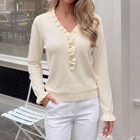 Pull en tricot décontracté en fibre de viscose, couleur unie, col en V à volants, nouvelle collection automne/hiver 2026, best-seller transfrontalier