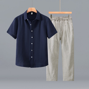 Completo Estivo da <span class=keywords><strong>Uomo</strong></span> Casual <span class=keywords><strong>di</strong></span> Alta Qualità, Morbido e Fresco, Tinto in Capo, Due Pezzi: Camicia e Pantaloni - Product Image 1