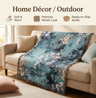 Selimut Tapestri Rumah Rajutan Jacquard Motif Bunga Chinoiserie Botanical Teal dari Katun Poliester Ramah Lingkungan Berkualitas Tinggi dengan Rumbai
