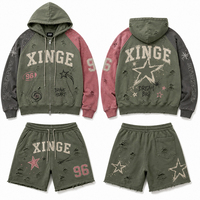 Ensemble de survêtement deux pièces streetwear pour homme, personnalisé, vintage, délavé et vieilli, avec sweat à capuche zippé color block brodé et short