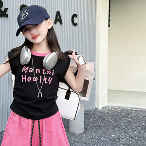 Ensemble 2 pièces cool pour adolescentes : T-shirt gris et noir à imprimé lettres + pantalon baggy noir et rose – Collection été 2026 - Product Image 2