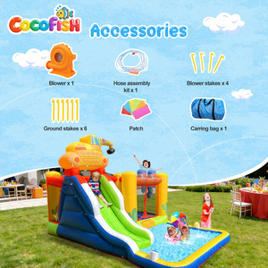 Château gonflable sur le thème de l'excavatrice Cocofish, structure gonflable en tissu Oxford avec toboggan et <span class=keywords><strong>piscine</strong></span> à jets pour les fêtes d'enfants - Product Image 4