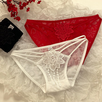 Culotte string ODM pour femme, fine, sexy, en dentelle tricotée, taille basse, brodée florale, ajourée, transparente, à pampilles perlées