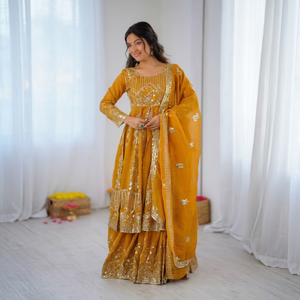 Heavy Micro Cotton Crunchy Silk Heavy Embroidery Sequence Work With Sleeves Party Wear <b>Top</b> <b>Lehenga</b> and Dupatta Set - Product Image 1