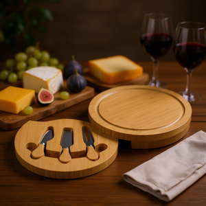 Tabla para cortar queso, juego de 4 piezas con 3 utensilios de bambú, bandeja redonda para servir queso en fiestas - Product Image 3