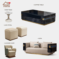 Meja Kopi Mewah Italia Modern Warna Biru Piano Lacquer Berlapis Cermin Rangka Kayu Penyimpanan 4 Laci Inlay Logam Perabot Ruang Tamu