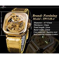 Forsining Montre Homme Mécanique Automatique Transparente avec Aiguilles Lumineuses et Bracelet en Cuir Doré – Marque de Luxe