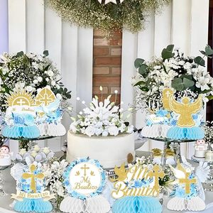 8 Piezas de Centros de Mesa de Panal de Abeja para Bautizo, <span class=keywords><strong>Primera</strong></span> Comunión, Decoraciones de Mesa Azules, Artículos para Fiesta de Baby Shower con la Frase 'Dios te Bendiga' - Product Image 2