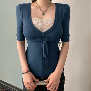 Vintage Lace Patchwork V-Neck Top Layered Look <b>Tie</b> Waist Peplum Hem Slim Fit Casual Daily Wear - Product Image 2