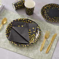 Lot de 350 Assiettes Modernes Noires à Pois Dorés, Sans BPA, Écologiques, Jetables, Compatibles Micro-ondes et Congélateur, pour 50 Invités