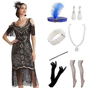 Robe de soirée rétro Gatsby des années 1920 avec bandeau, perles, gants et bas – Tailles S-4XL - Product Image 2