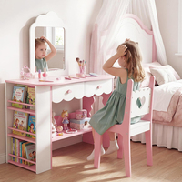 Table de maquillage princesse en bois pour enfant avec chaise, miroir et tiroirs de rangement