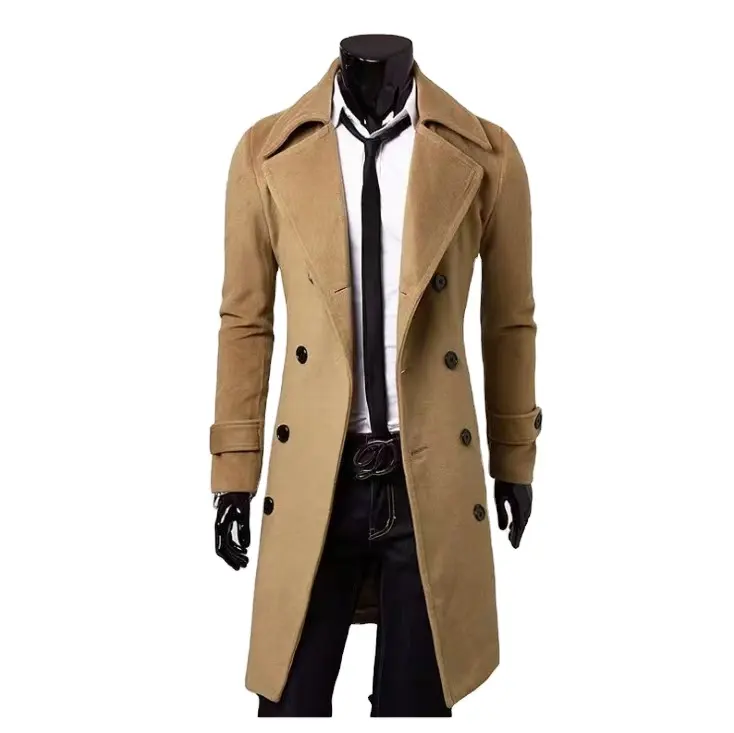 Autumn and winter long pure color windbreaker men's wool blended double row button wool coat fashion slim coat
