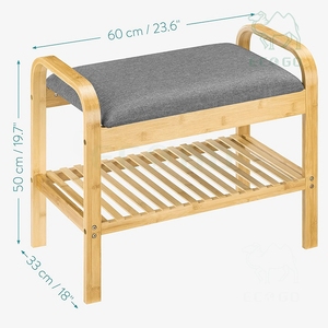2 Tier Natural Bamboo <b>Shoe</b> Rack Multifunctional <b>Shoe</b> <b>Storage</b> Organizer With Grey Cushioned <b>Seat</b> Sleek <b>Shoe</b> <b>Bench</b> for Wardrobe - Product Image 2