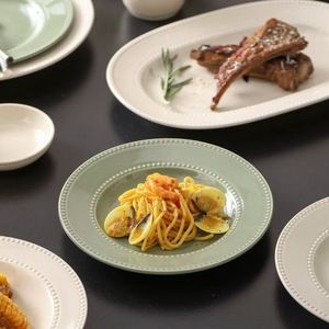 Vaisselle en céramique solide verte et blanche fabriquée en Chine à bas prix avec des points en relief, ensemble de vaisselle en céramique de luxe - Product Image 4