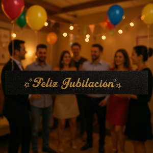 Pancarta de Feliz Jubilación con Letras Doradas y Negras Brillantes, Rectangular, Decoración Elegante para Fiestas - Product Image 2