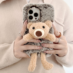 Phim Hoạt Hình Dễ Thương Gấu Búp Bê Điện Thoại Sang Trọng Trường Hợp Đối Với <span class=keywords><strong>iPhone</strong></span> 16 15 14 13 12 Pro Max Mùa Đông Ấm Áp Chống Sốc Bìa Đối Với Gilr - Product Image 5