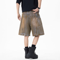 Short en jean rétro américain délavé à l'eau avec design réversible avant-arrière pour homme, coupe ample, idéal pour l'été