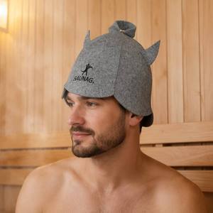 Chapeau de sauna en feutre recyclé gris écologique avec cornes de diable, vente en gros, logo personnalisé, directement de l'usine, pour hammam et spa - Product Image 1